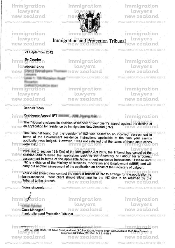 Immigration and Protection Tribunal Success Example Letter