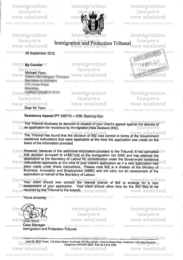 Immigration and Protection Tribunal Success Example Letter