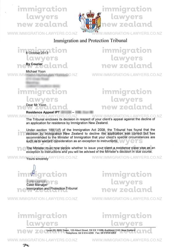 Immigration and Protection Tribunal Success Example Letter