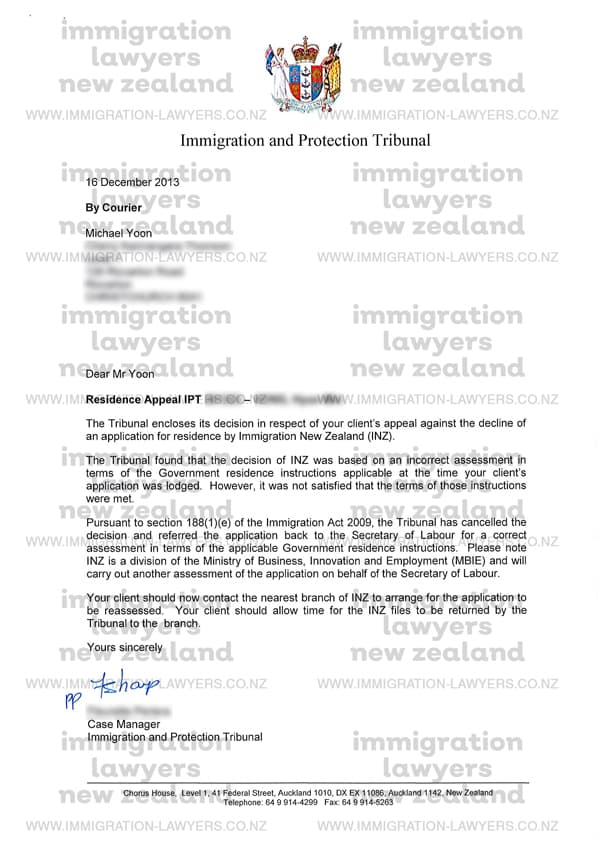 Immigration and Protection Tribunal Success Example Letter