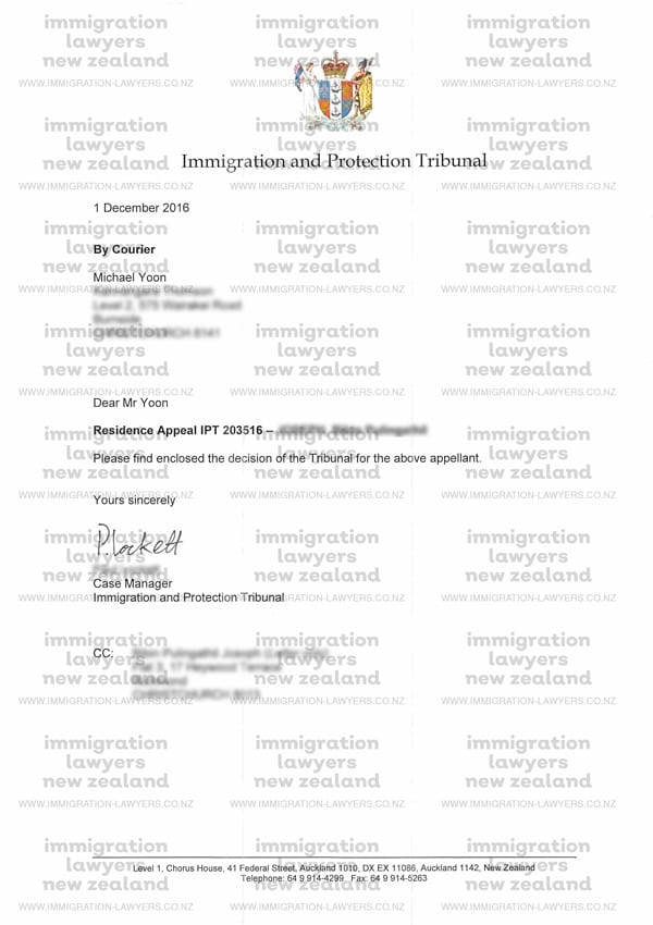 Immigration and Protection Tribunal Success Example Letter