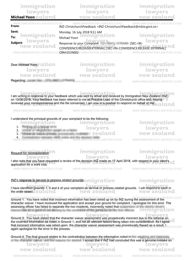Complaint to Immigration New Zealand Success Example Letter