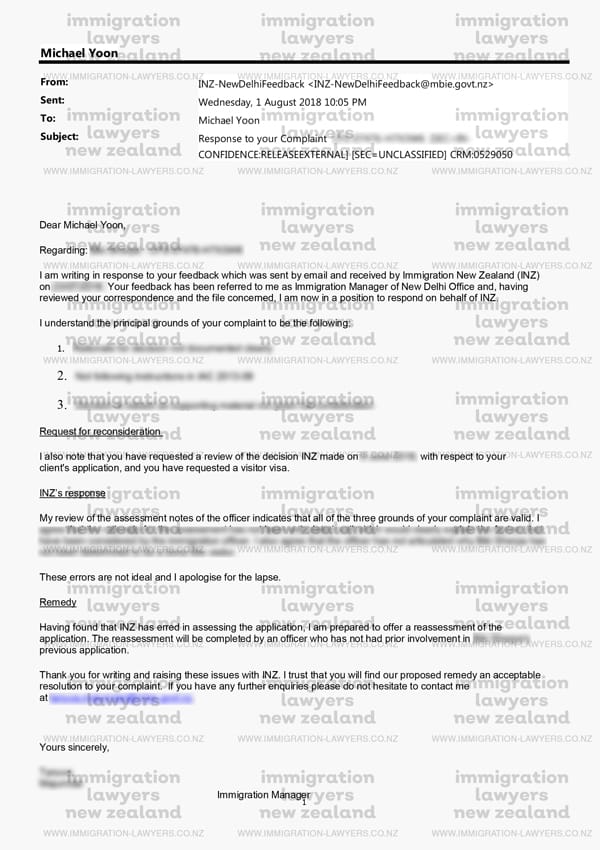 Complaint to Immigration New Zealand Success Example Letter