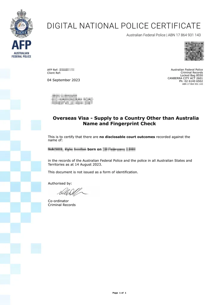 Australia Police Certificate Sample