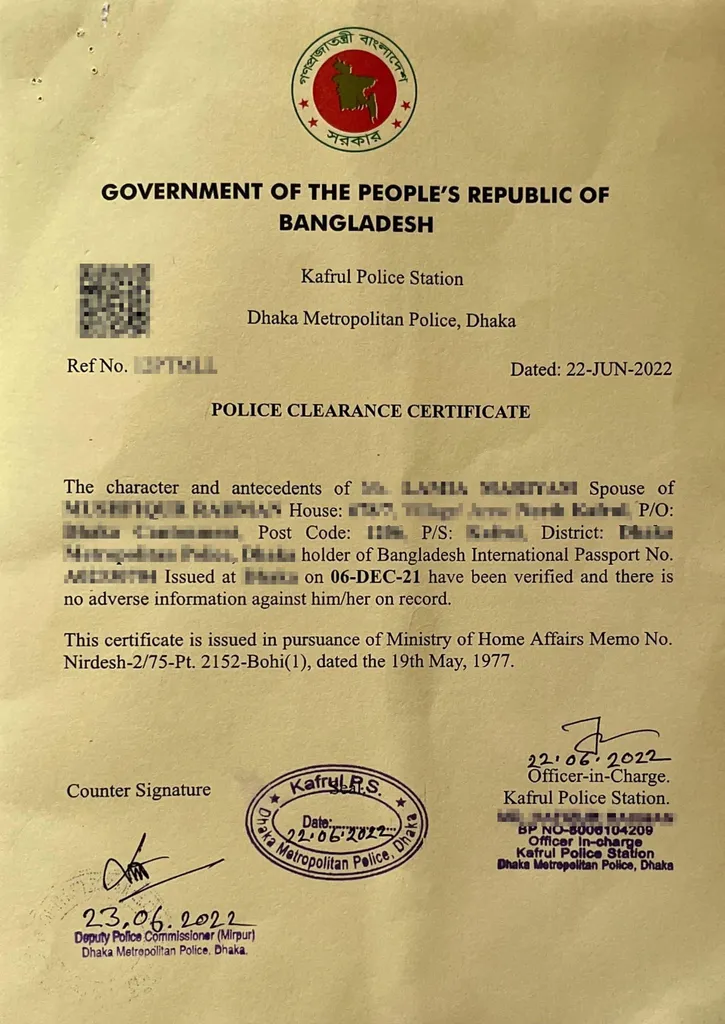 Bangladesh Police Certificate Sample