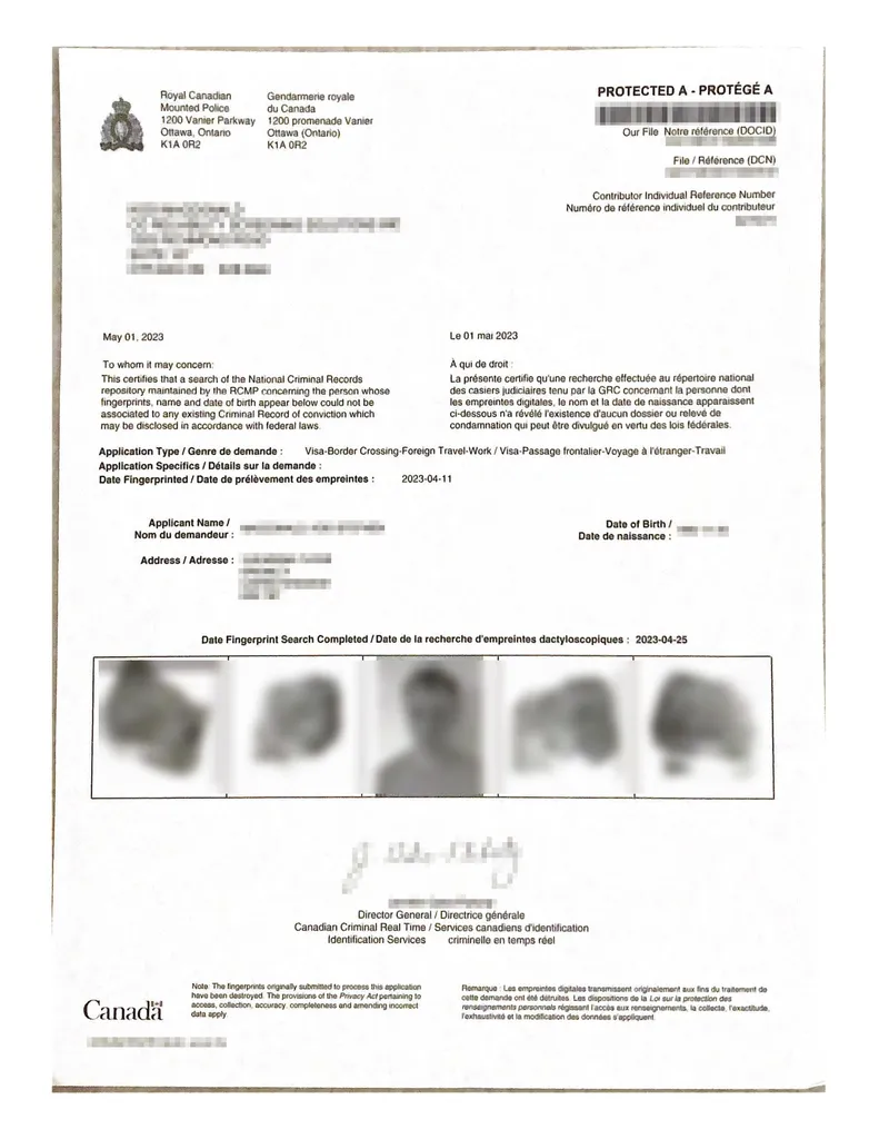 Canada Police Certificate Sample