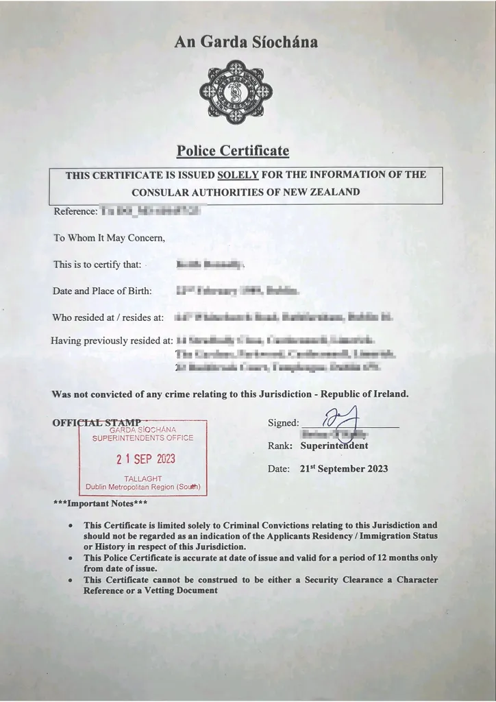 Ireland Police Certificate Sample