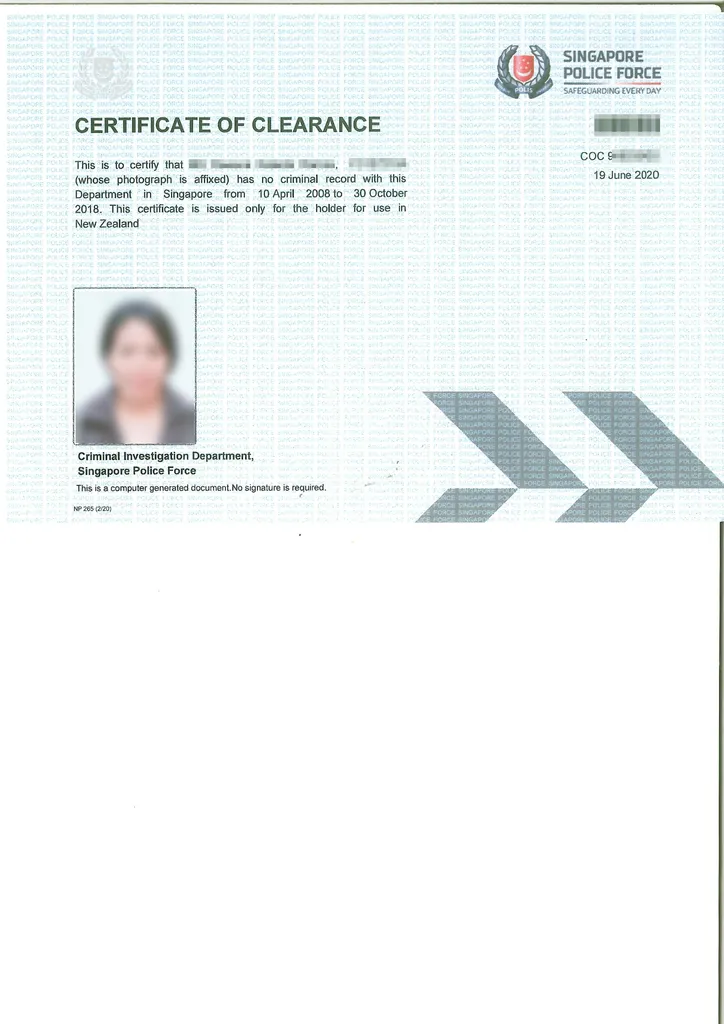 Singapore Police Certificate Sample