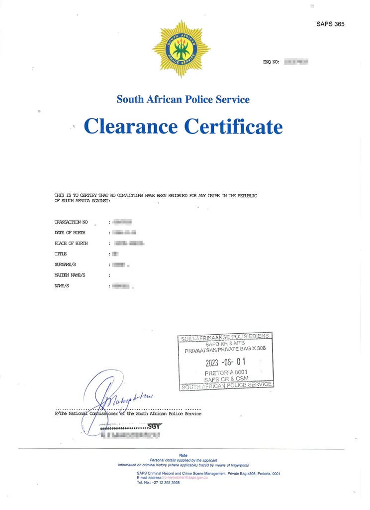 South Africa Police Certificate Sample