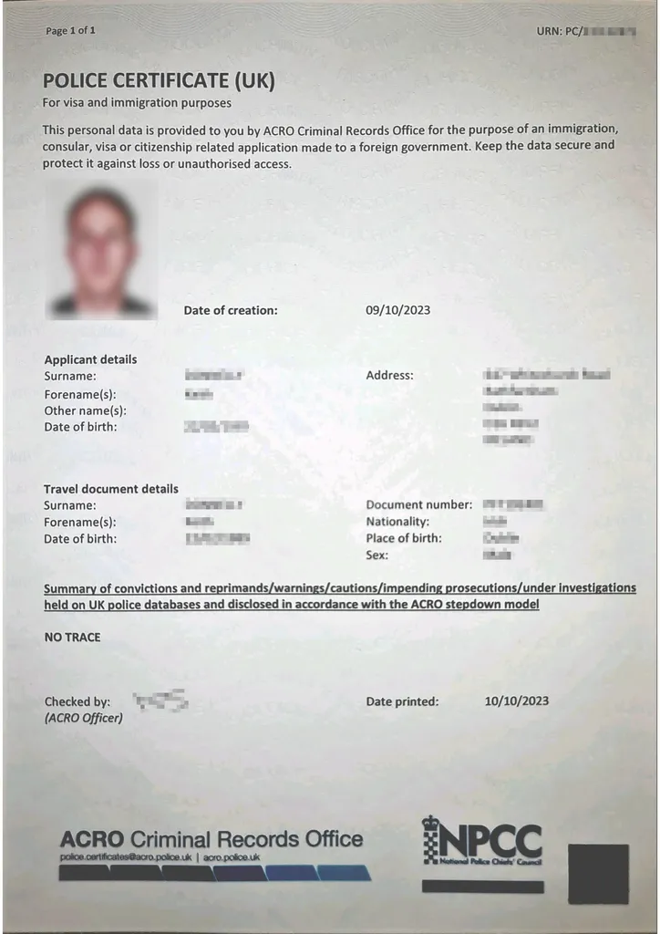 United Kingdom, Scotland Police Certificate Sample